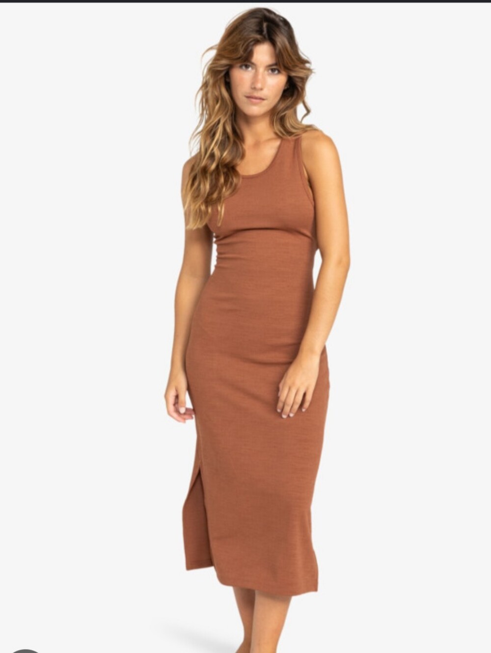 Roxy Brown Bodycon Midi Dress Sz M V-Neck Sleeveless Cutout Side Slit open back